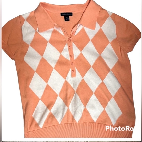 Y2K 1990’s VINTAGE WESTBOUND PETITES Cotton Argyle Women’s MED Top Orange White - Picture 1 of 13